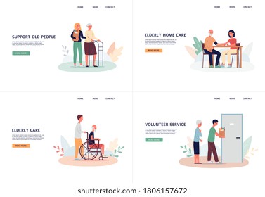 Old people support and elderly persons volunteer help web banners set of flat vector illustrations. Landing pages collection for volunteers service and social workers.