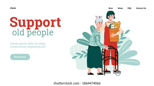 Old people support web page interface with volunteer and elderly woman cartoon character, flat vector illustration. Web page for seniors supporting services.