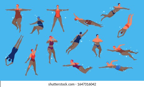 Old people in swimming pool set. Elderly character have an active lifestyle. Senior in water. Isolated flat illustration