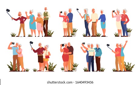 Old people taking selfie together set. Elderly characters taking photo of themselves. Old people lifestyle concept. Seniors having an active social life. Isolated vector illustration in cartoon style