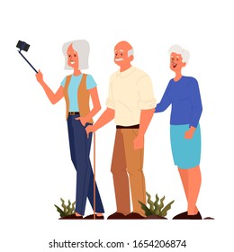 Old people taking selfie together. Elderly characters taking photo of themselves. Old people lifestyle concept. Seniors having an active social life. Isolated vector illustration in cartoon style