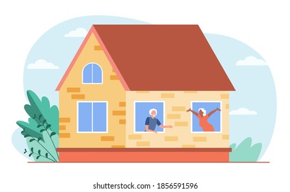 Old people talking through windows. House, love, pensioner flat vector illustration. Communication and retirement concept for banner, website design or landing web page