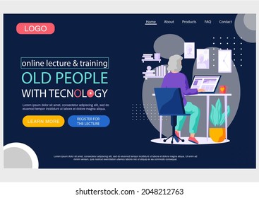 Old people with technology landing page template, man with laptop learn to work with computer. Grandparents use modern gadgets. Concept of remote work from home, distance courses for retired person