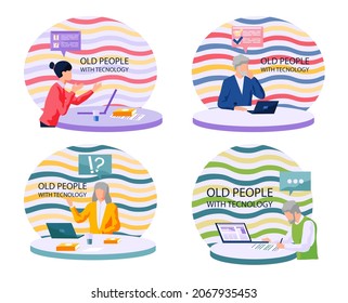 Old people with technology, man and woman with laptop learn to work with computer browsing internet. Grandparents use modern gadgets. Concept of remote work from home, distance courses for retired