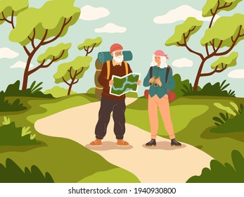 Old People Tourist Walk. Happy Active Elder Couple With Backpack Trip Adventure, Senior People Vacation, Trekking And Hiking, Outdoor Walking In Woods Vector Cartoon Travel Concept