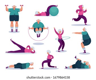 Old people training in gym on character cartoon activity vector illustration isolated on white. Elderly man, woman doing health kinds of fitness exercises, running, jumping rope. Healthy lifestyle