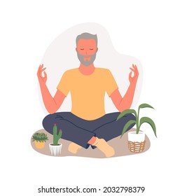 Old people training yoga to concentrate on healing aura, practice asana in lotus position