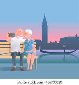 Old people travel to Italy, Venice vector illustration. Selfie made by group of old people. Gandola man background. Adventure Is Ageless