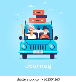 Old people are traveling by car. Flat vector illustration in cartoon style.