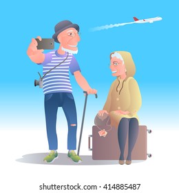 Old people traveling vector illustration. Image of modern lifestyle of old people - smiling, making selfie, looking happy, active. Adventure Is Ageless