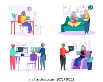 Old people try to use phone, game console, computer, tablet and laptop. Elders spend time on social media. Characters learn new technologies on internet. Women and men communicate through gadget - Shutterstock ID 2071939262
