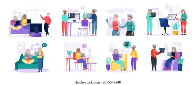 Old people try to use phone, game console, computer, tablet and laptop. Elders spend time on social media. Characters learn new technologies on internet. Women and men communicate through gadget