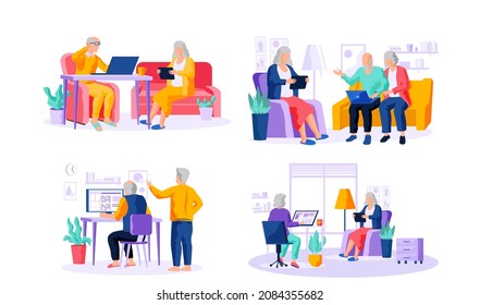 Old people try to use phone, game console, computer, tablet and laptop. Elders spend time on social media. Characters learn new technologies on internet. Women and men communicate through gadget