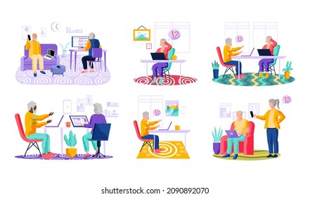 Old people try to use phone, game console, computer, tablet and laptop. Elders spend time on social media. Characters learn new technologies on internet. Women and men communicate through gadget