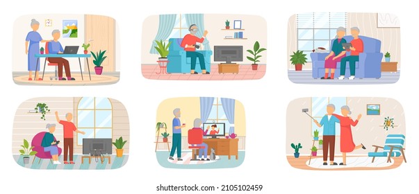 Old people try to use phone, game console, computer, tablet and laptop. Elders spend time on social media. Characters learn new technologies on internet. Women and men communicate through gadget