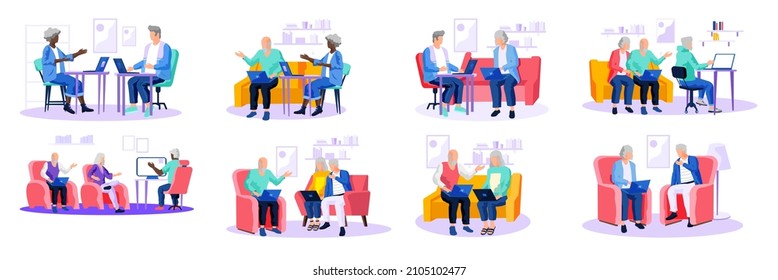 Old people try to use phone, game console, computer, tablet and laptop. Elders spend time on social media. Characters learn new technologies on internet. Women and men communicate through gadget - Shutterstock ID 2105102477