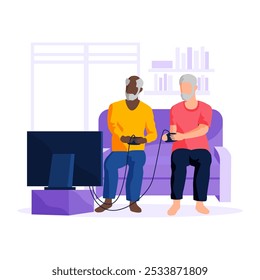 Old people. Two elderly men are playing video games on a sofa in a cozy living room with a television and bookshelf. Ideal for senior activities, friendship, leisure, technology, aging with fun. Flat