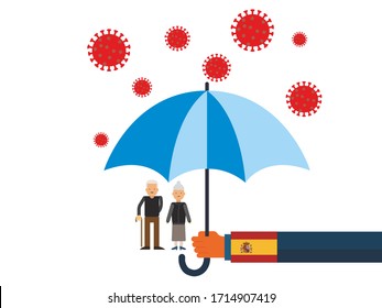 Old people under the umbrella are protected from the coronavirus COVID-19. A hand with an umbrella protects the family from the coronavirus. Vector illustration. Spain government protec old people