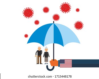 Old people under the umbrella are protected from the coronavirus COVID-19. A hand with an umbrella protects the family from the coronavirus. Vector illustration.  USA government protec old people