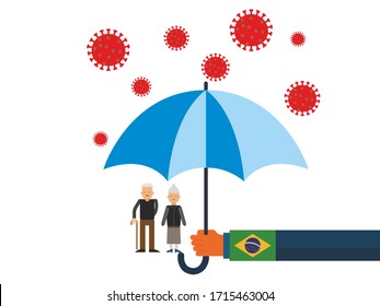 Old people under the umbrella are protected from the coronavirus COVID-19. A hand with an umbrella protects the family from the coronavirus. Vector illustration. Brazil government protec old people