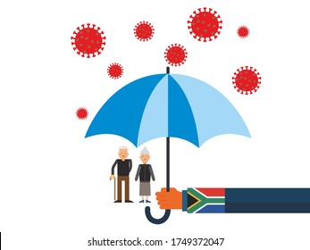 Old people under the umbrella are protected from the coronavirus COVID-19. A hand with an umbrella protects the family from the coronavirus. Vector illustration. government protec old people