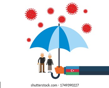 Old people under the umbrella are protected from the coronavirus COVID-19. A hand with an umbrella protects the family from the coronavirus. Vector illustration. government protec old people