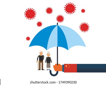 Old people under the umbrella are protected from the coronavirus COVID-19. A hand with an umbrella protects the family from the coronavirus. Vector illustration. government protec old people