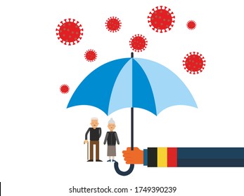 Old people under the umbrella are protected from the coronavirus COVID-19. A hand with an umbrella protects the family from the coronavirus. Vector illustration. government protec old people