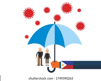 Old people under the umbrella are protected from the coronavirus COVID-19. A hand with an umbrella protects the family from the coronavirus. Vector illustration. government protec old people