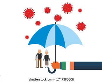 Old people under the umbrella are protected from the coronavirus COVID-19. A hand with an umbrella protects the family from the coronavirus. Vector illustration. government protec old people