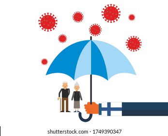 Old people under the umbrella are protected from the coronavirus COVID-19. A hand with an umbrella protects the family from the coronavirus. Vector illustration. government protec old people