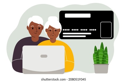 Los ancianos usan Internet. Personas de edad avanzada con portátil. Los abuelos progresistas usan la laptop para pedir, pagar o comprar en línea con una tarjeta de crédito. Ilustración plana del vector