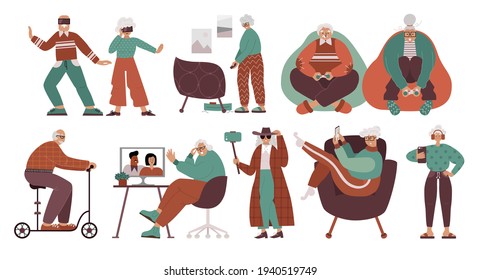 Old People Using Modern Technology Concept. Men, Women, Couples With Computer, Smartphone, VR Headset, Console Controller. People Call Family, Ride Kick Scooter, Play Video Games. Flat Characters Set.