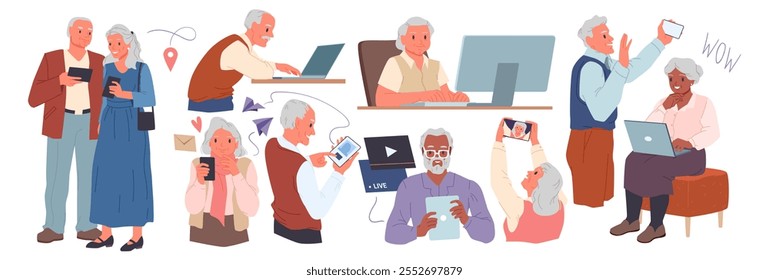 Old people using phone, computer and laptop set. Senior man and woman holding smartphones to chat in social media, use map and video player mobile app, grandparents at PC cartoon vector illustration