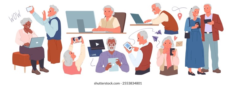 Old people using phone, computer and laptop set. Senior man and woman holding smartphones to chat in social media, use map and video player mobile app, grandparents at PC cartoon