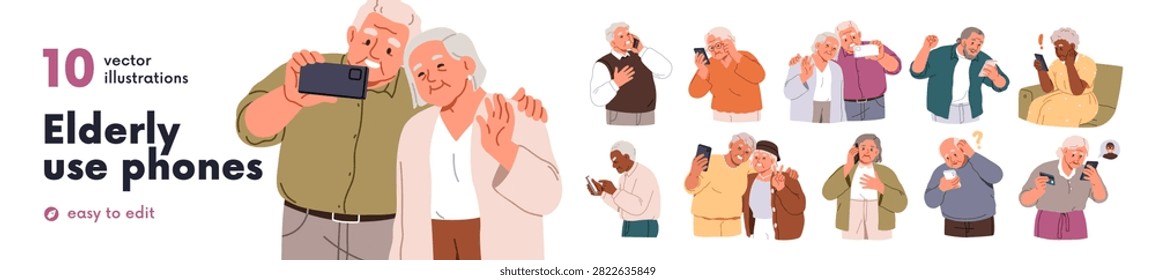 Old people using smartphones set. Senior aged men and elderly women and technology, with mobile phones, calling, texting, video chat, selfie. Flat vector illustrations isolated on white background