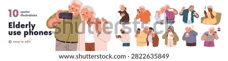 Old people using smartphones set. Senior aged men and elderly women and technology, with mobile phones, calling, texting, video chat, selfie. Flat vector illustrations isolated on white background