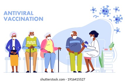 Old people vaccination concept for immunity health. Covid-19.
Black doctor makes an injection of flu vaccine to senior man in hospital. African american ethnic aged patients are waiting in line.