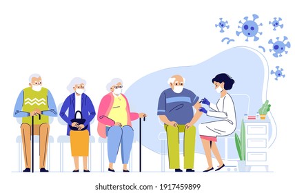 Old people vaccination concept for immunity health. Covid-19.
Doctor makes an injection of flu vaccine to senior man in hospital.  Aged patients are waiting in line. Healthcare, coronavirus