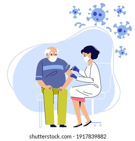 Old people vaccination concept for immunity health. Covid-19.
Doctor makes an injection of flu vaccine to senior man in hospital.  Aged patients. Healthcare, coronavirus, prevention and immunize.