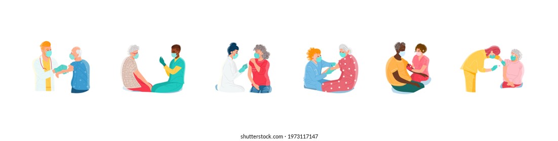Old people vaccination concept for immunity health. Covid-19. Black doctor makes an injection of flu vaccine to senior woman in hospital. Immunization of adults, covid vaccine. Flat illustration