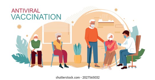 Old people vaccination concept for immunity health. Covid-19. Doctor makes an injection of flu vaccine for an elderly woman in hospital. Aged patients are waiting in queue. Healthcare, coronavirus.