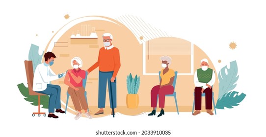 Old People Vaccination Concept For Immunity Health. Covid-19. Doctor Makes An Injection Of Flu Vaccine To Senior Man. Aged Patients Are Waiting In Line. Healthcare, Coronavirus, Flu Or Influenza.