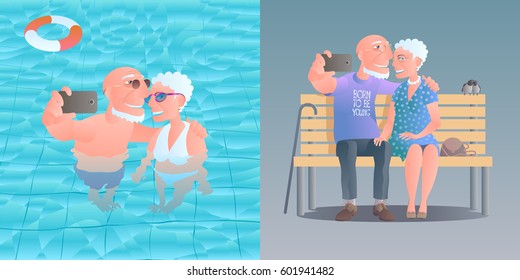 Old people vector illustration. Happy, smiling elderly people in swimming pool and on the bench taking selfie. Adventure Is Ageless