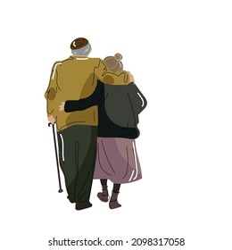 Old people walking and hugging.Vector illustration of an elderly couple grandmother and grandfather walking Back view.Illustration isolated on a white background