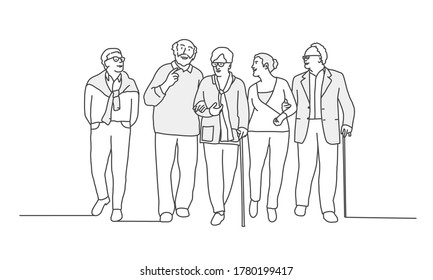 Old people walking together. Line drawing vector illustration.