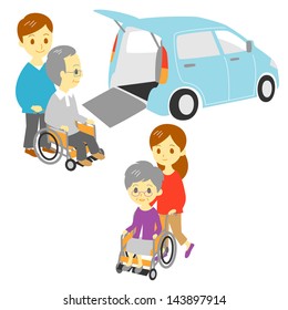 old people in wheelchair, drive and take a walk,  Adapted Vehicle, family