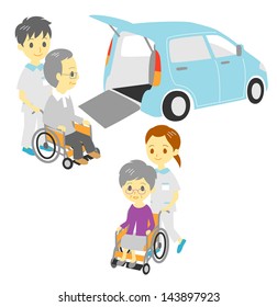 old people in wheelchair, drive and  take a walk,  Adapted Vehicle, carers