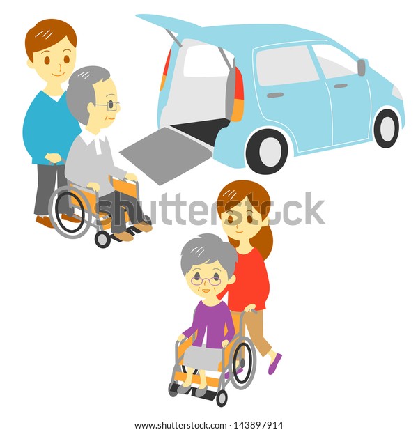 old people in wheelchair, drive and take a walk, 
Adapted Vehicle, family