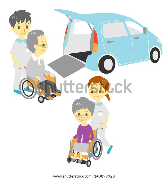 old people in wheelchair, drive and  take a walk, 
Adapted Vehicle, carers